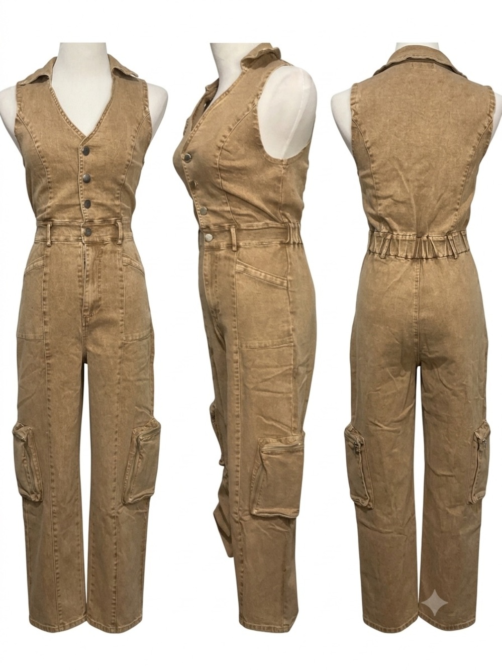 Chicways Tan Denim Sleeveless Cargo Jumpsuit with Button Front Size M